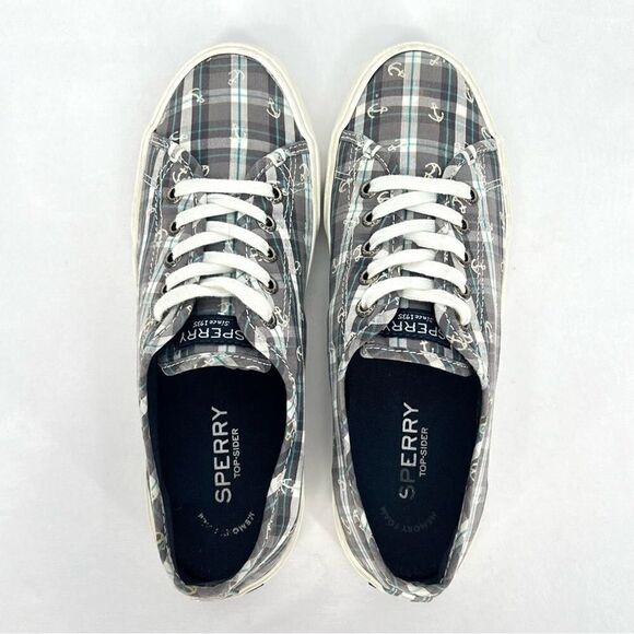 Sperry Pier View Anchor Plaid Gray Blue White Canvas Laced Slip On Sneakers 7.5 - Picture 6 of 11